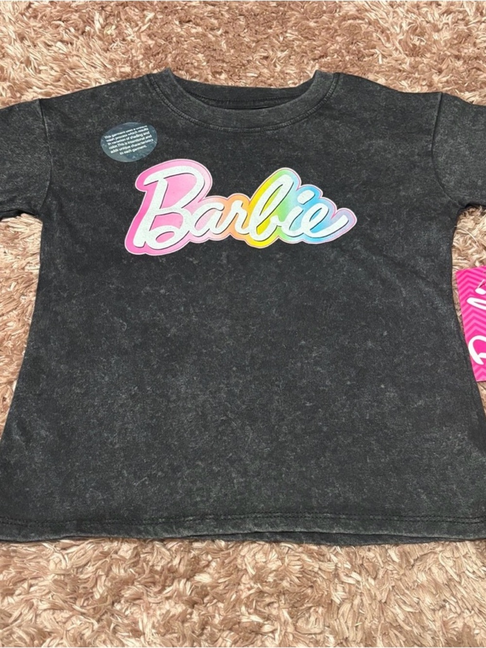 Barbie Black Mineral-Wash Tee with Rainbow Logo